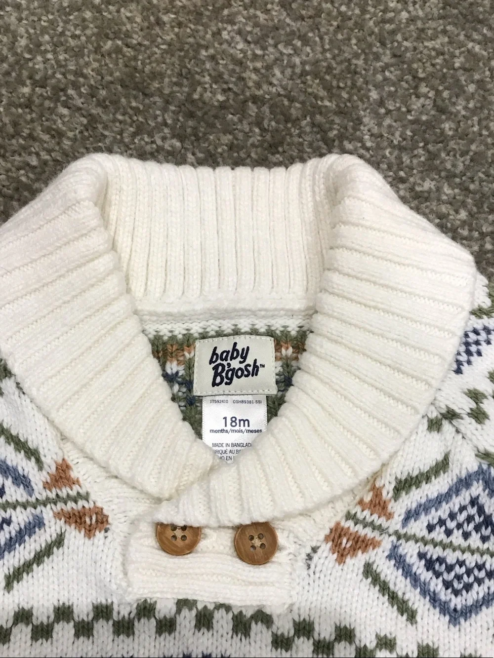 OshKosh B'gosh White Sweater with Blue, Green & Tan Fair Isle